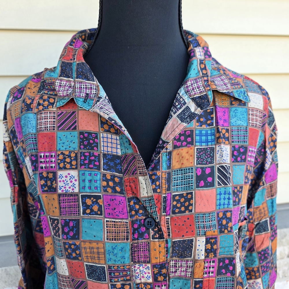 Vintage K Arnold Silk Patchwork Button Down Shirt… - image 3